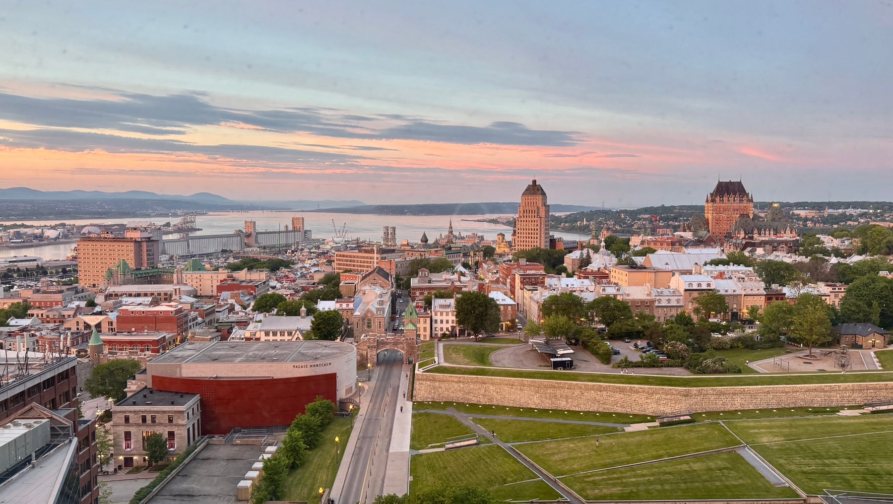 Sunset over the rooftops of Old Québec and the St. Lawrence River